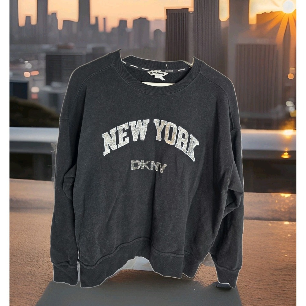 DKNY‎ Women's SZ LARGE Sequin Black Pullover Fleece Sparkle Logo Crew EUC